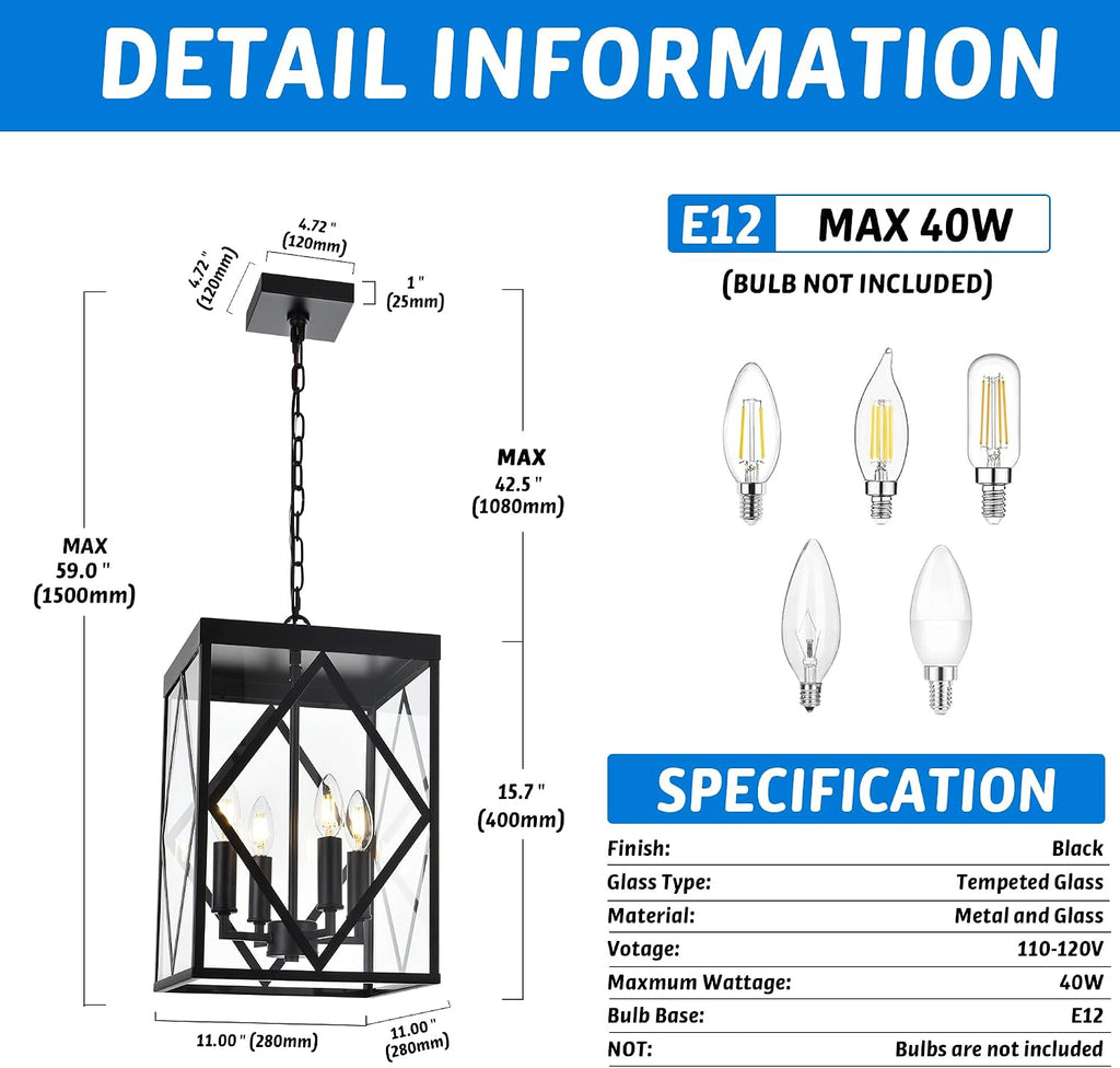Outdoor Pendant Light 4 Lights Modern Outside Chandelier Outdoor Hanging Lantern Light with Clear Glass, Matte Black Exterior Pendant Lighting Fixture for Porch, Yard, Gazebo