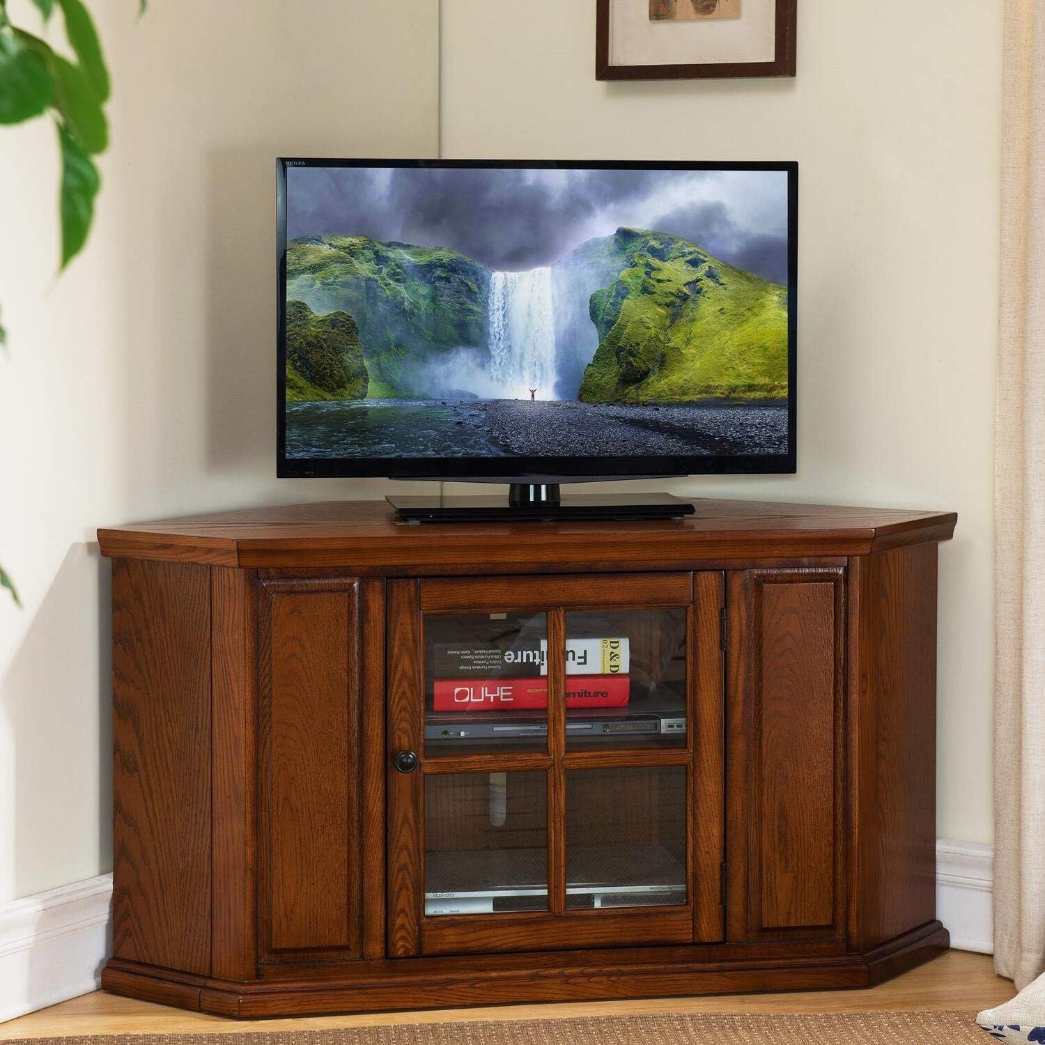 Opal Corner TV Stand for 50 Inch TVs, 46 Inch, Burnished Medium Oak, Space-Saving with Adjustable Shelf and Glass Door, Wood Entertainment Console – Leick Home, 88285