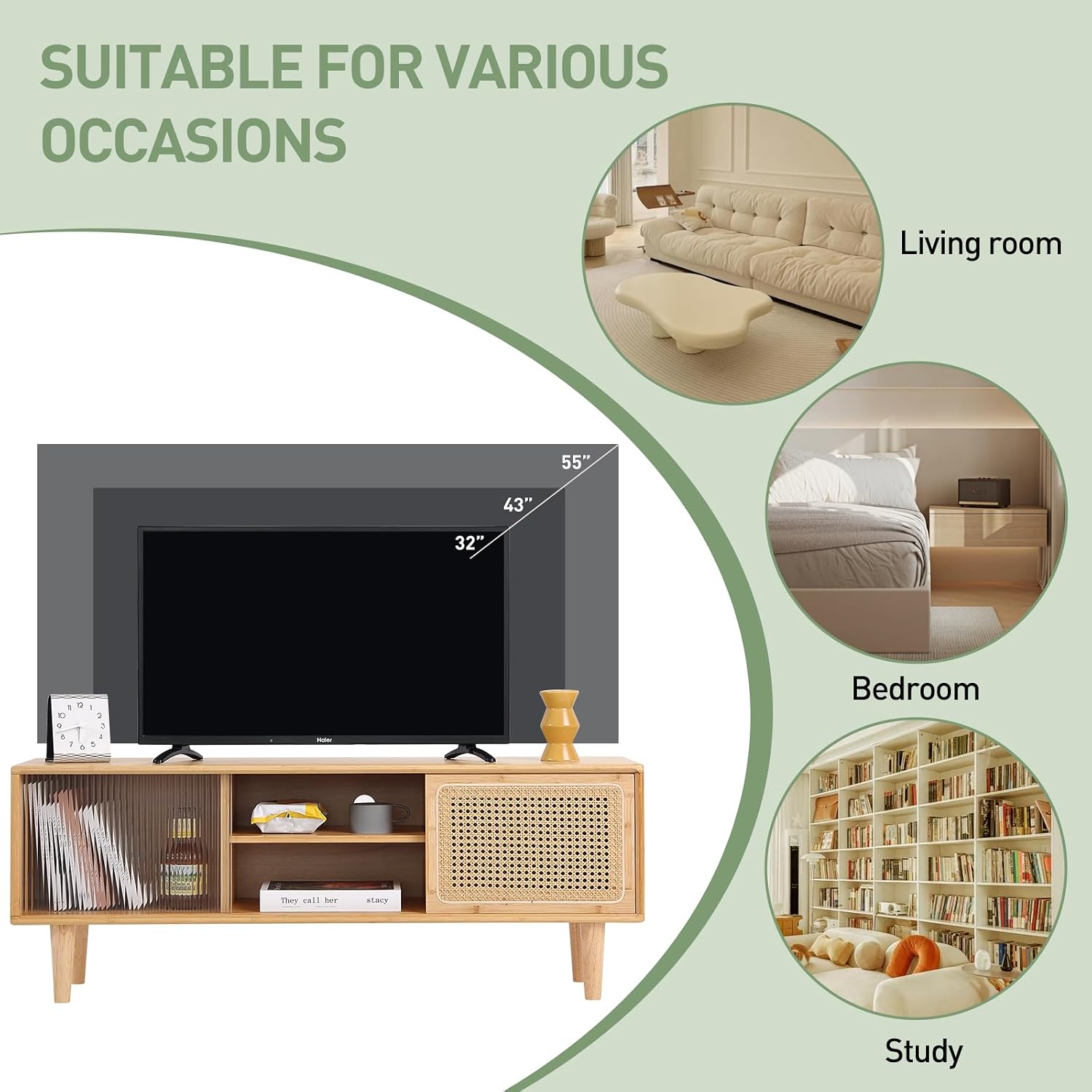 Welnow Rattan TV Stand for Up to 55 Inch, Mid Century Modern Bamboo Entertainment Center with 2 Cabinets & Adjustable Shelf, Storage Media Console Table for Living Room, Bedroom, Natural