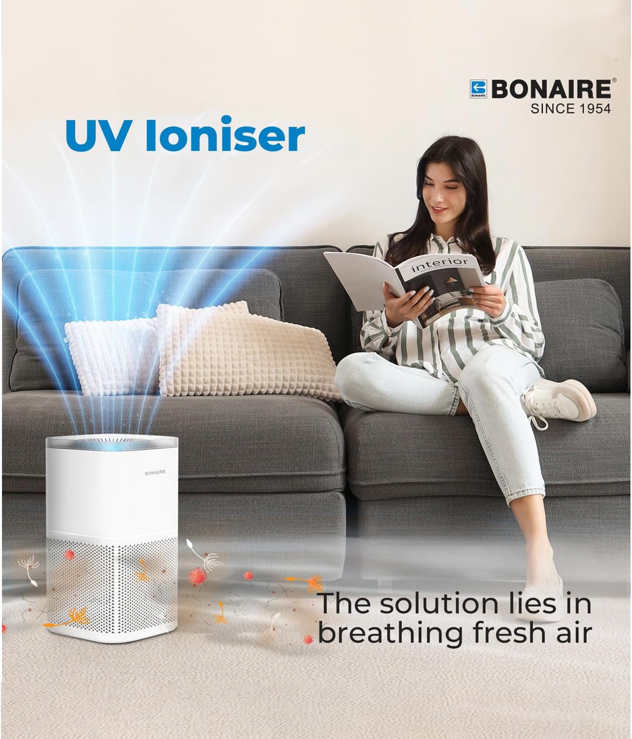 Bonaire Air Purifier for Home Allergies, Pets Hair In Bedroom upto 1380 ft², 3-in-1 HEPA13 Filter, Sleep, Auto Mode, PM2.5, WiFi, Remove Dust Smoke Hair Pollen Pollutants Odor, 27db Quiet, White, A4S