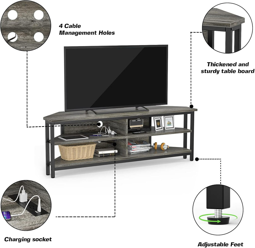 Unikito Corner TV Stand with Power Outlet, Corner Entertainment Center Media TV Console Table with 4 Open Storage Cabinet Shelve Wood TV Stand for Living Room for 55 inch TV, Gray Oak