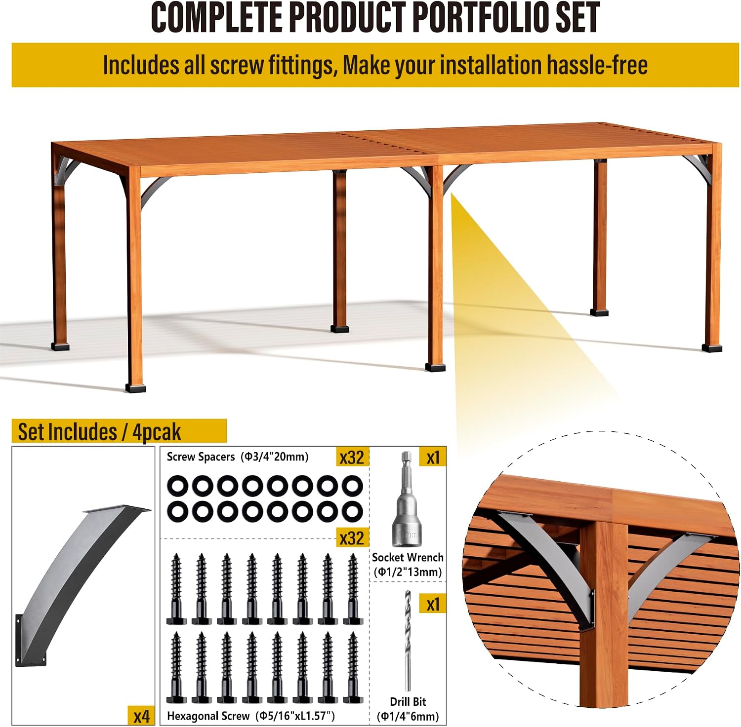 Heavy Duty 45 Degree Angle Support Bracket 4'×4' (Actual: 3.2'×3.2') Wood Beam Support Hardware Degree Post Bracket for Gazebos Pagola Porches 4Pcs