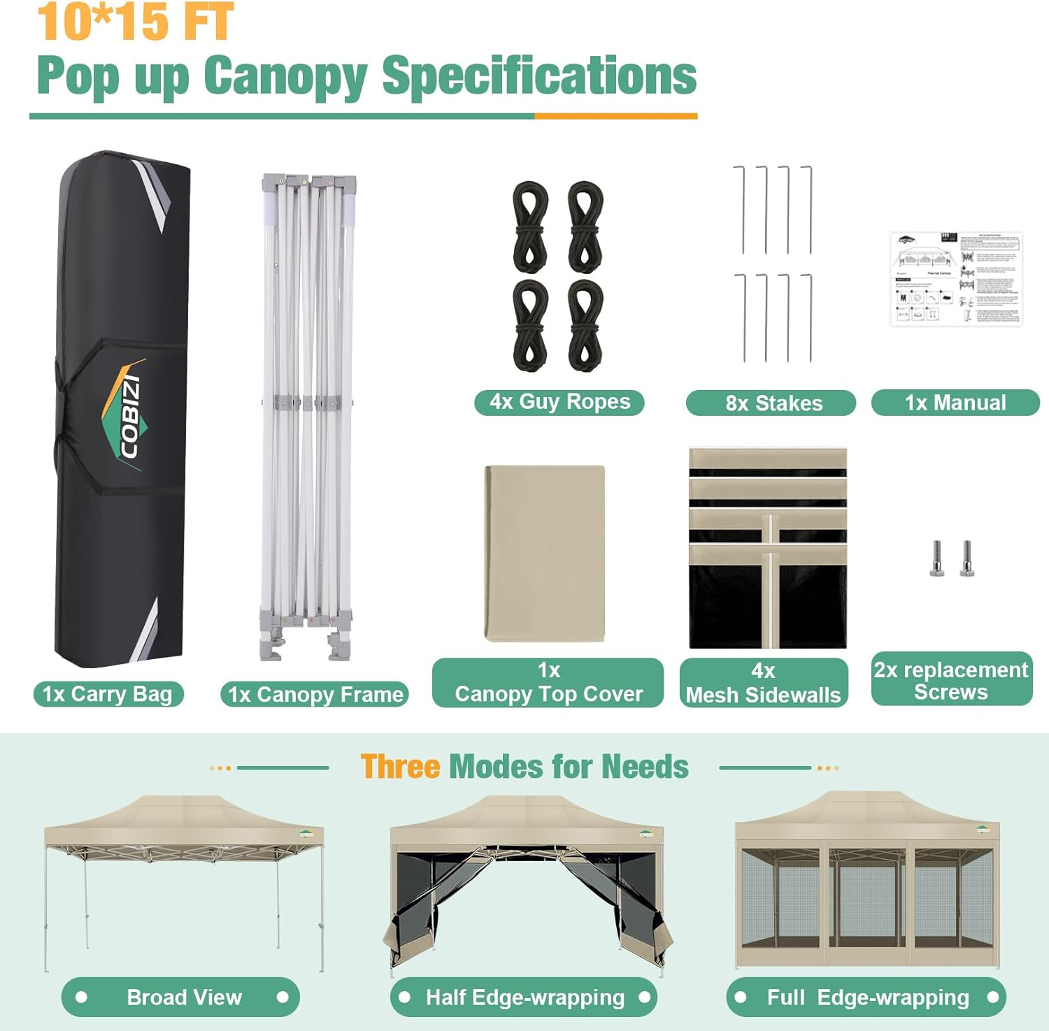 COBIZI 10x15 Canopy Tent, Heavy Duty Pop up Canopy with Sidewalls, Waterproof Easy Setup Canopy with Mosquito Netting, Outdoor Instant Screen Tents for Parties, Wedding, Backyard with Carry Bag, Khaki