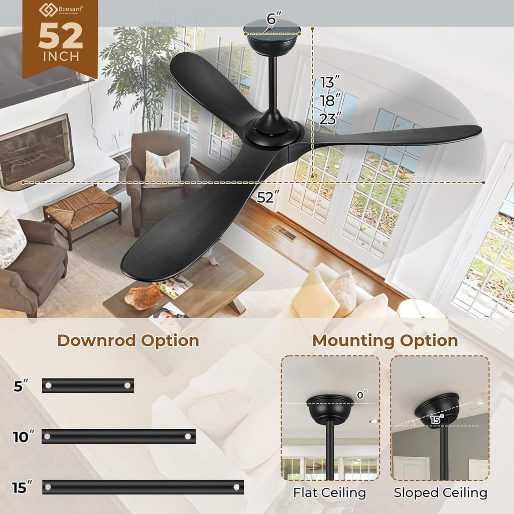 52' Outdoor Ceiling Fans with Lights and Remote Control, Wood Ceiling Fan with Lights High CFM Quiet 3 Blade Wood Walnut Fan, Propeller Ceiling Fan for Outdoor/Indoor/Patio,Matte Black