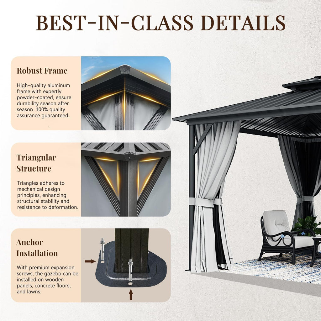10X12 Hardtop Gazebo, Outdoor Aluminum Gazebo with Galvanized Steel Double Roof, Permanent Metal Pavilion with Netting, Curtains