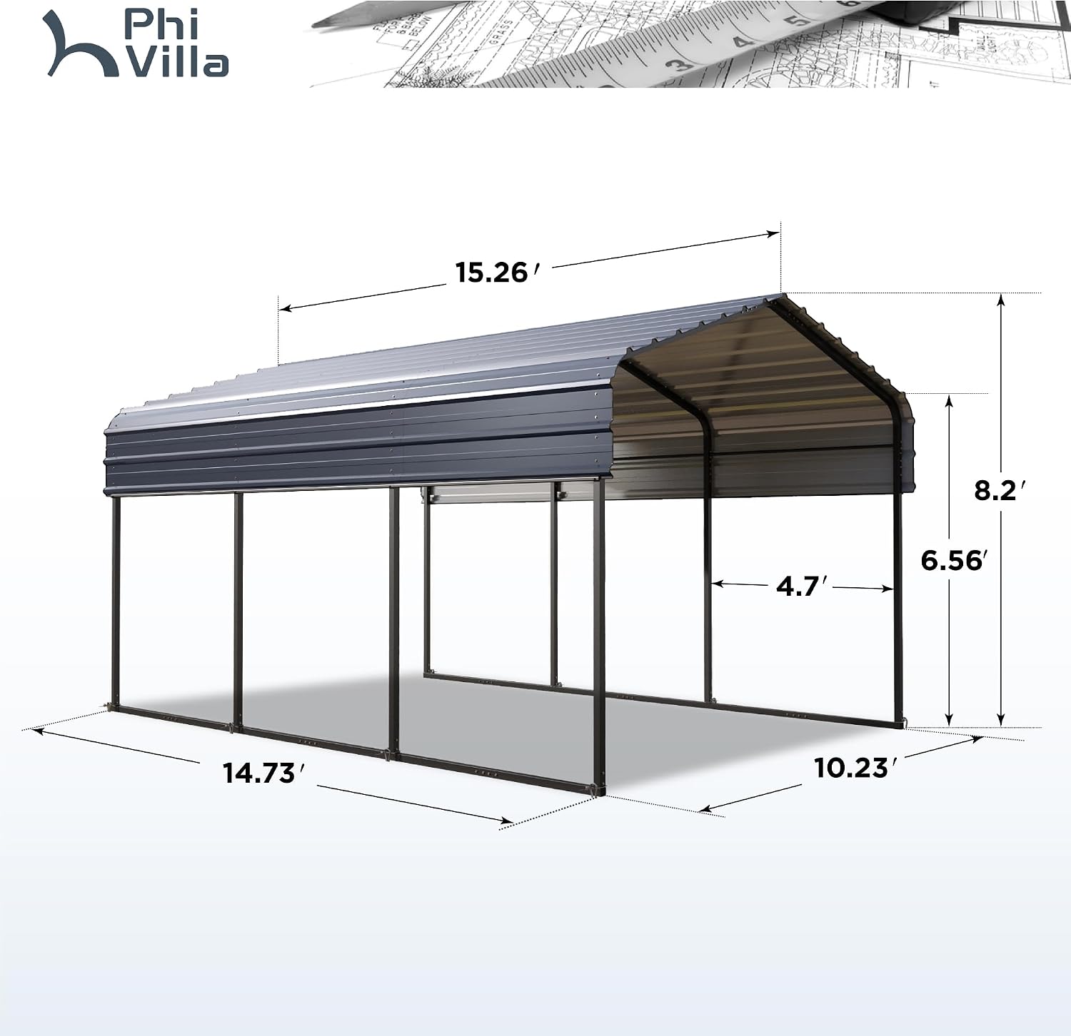 PHI VILLA 10x15 ft Carport, Metal Carports Canopy with Sidewalls Heavy Duty Car Port Portable Garage with Galvanized Steel Roof Multi-Use Shelter, Sturdy Car Ports for Cars, Boats and Tractors