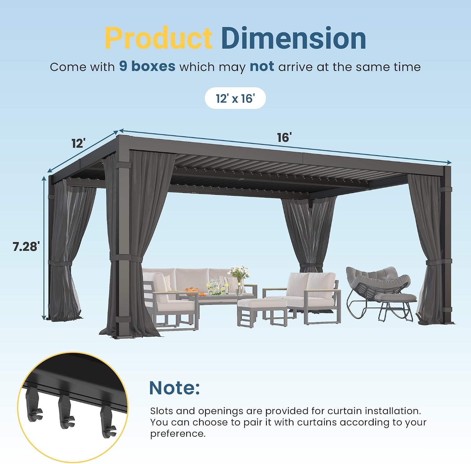 12' x 16' Louvered Pergola, Metal Outdoor Pergola with Adjustable Louvered Roof, Curtains & Netting, Gutter System, Hardtop Patio Gazebo for Patio, Deck, Garden, Yard, Dark Gray