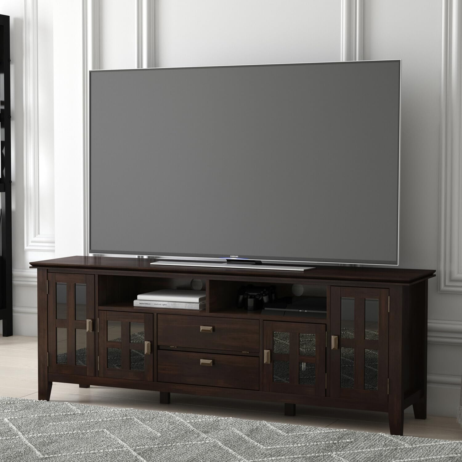 SIMPLIHOME Artisan TV Stand - 72 inch Wide Solid Wood Media Console in Natural Aged Brown, Contemporary Entertainment Center for Living Room for TVs up to 80 Inches with Drawers and Cable Management