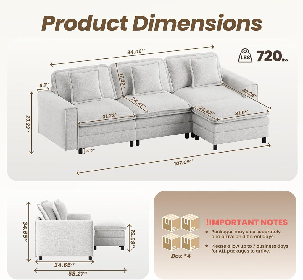 MALOL Modular Sectional Sofa 107', Comfy Cloud Couch with Ottoman, Deep 4-Seat L Shaped Modular Sofa, Couches with Throw Pillows for Living Room, Beige