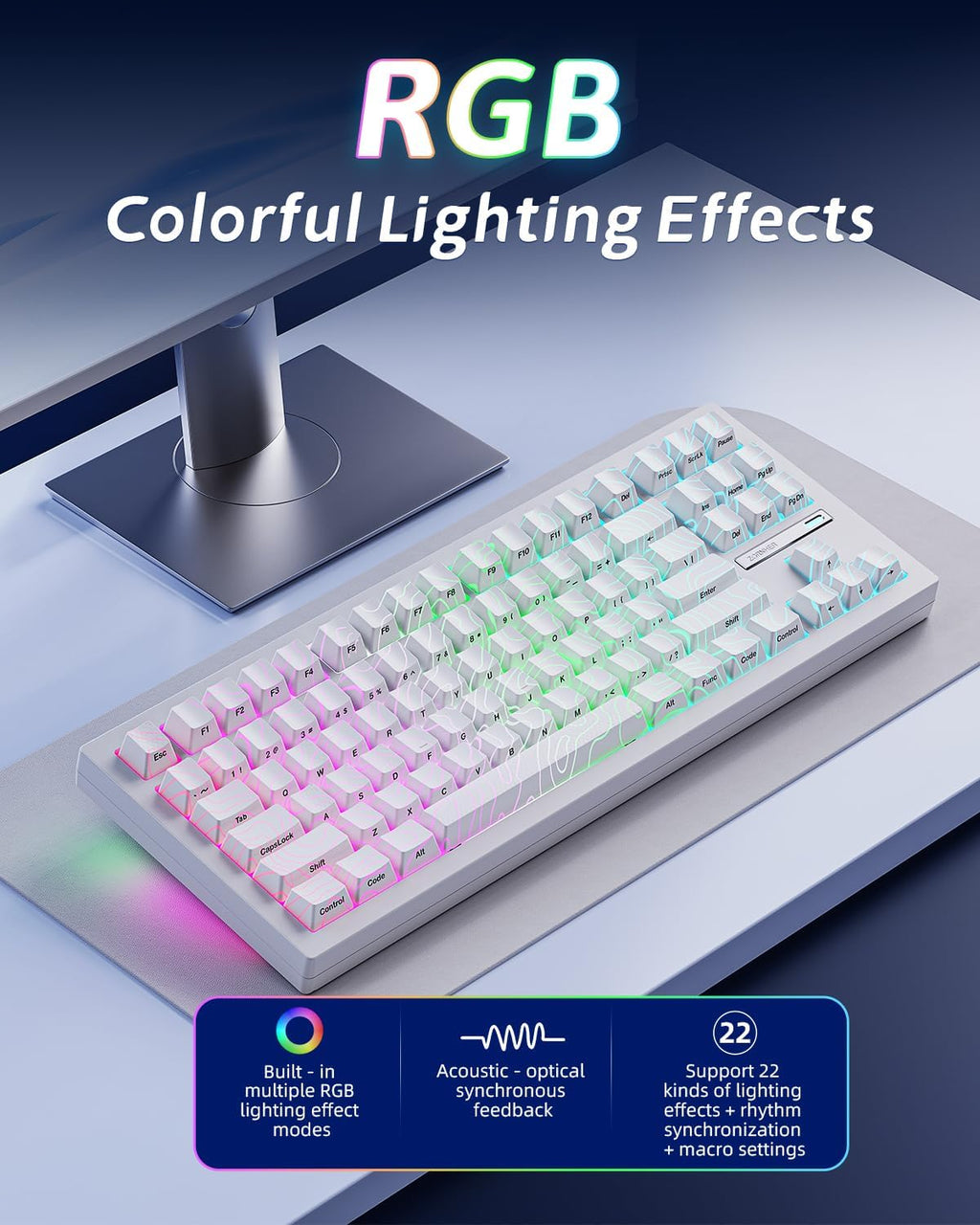 ZORNHER ZH870 Wireless Gaming Mechanical Keyboard,80% White Custom Creamy Sound Keyboard with Lighted Up White Topographic Keycaps,Creamy Sounding Linear Switches,Hot-Swappable,RGB Backlit