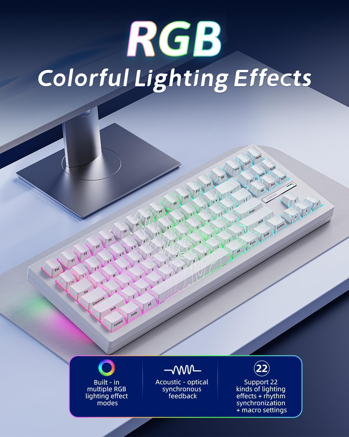 ZORNHER ZH870 Wireless Gaming Mechanical Keyboard,80% White Custom Creamy Sound Keyboard with Lighted Up White Topographic Keycaps,Creamy Sounding Linear Switches,Hot-Swappable,RGB Backlit