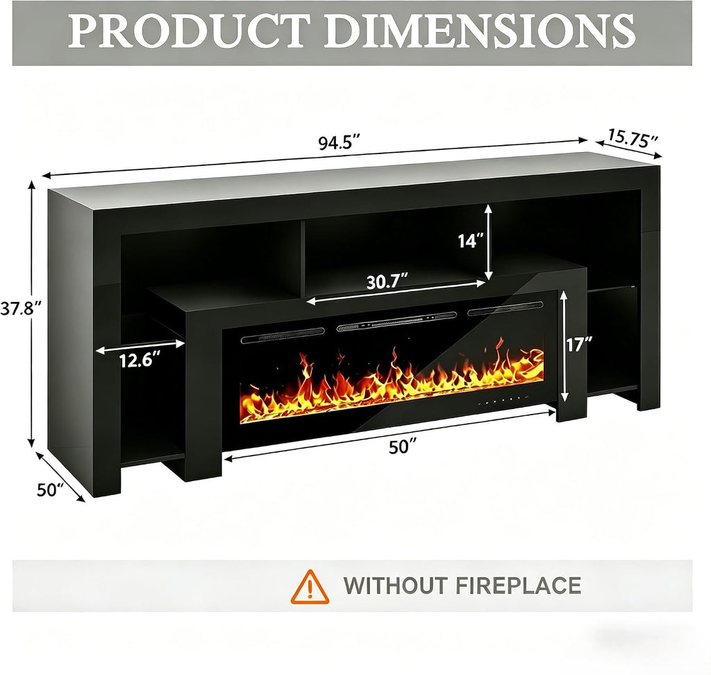 94.5' Fireplace TV Stand for TVs Up to 100', Gaming LED Entertainment Center, Modern High Gloss Media Console for Living Room, Glass Shelves & Open Storage, Black（no Fireplace）