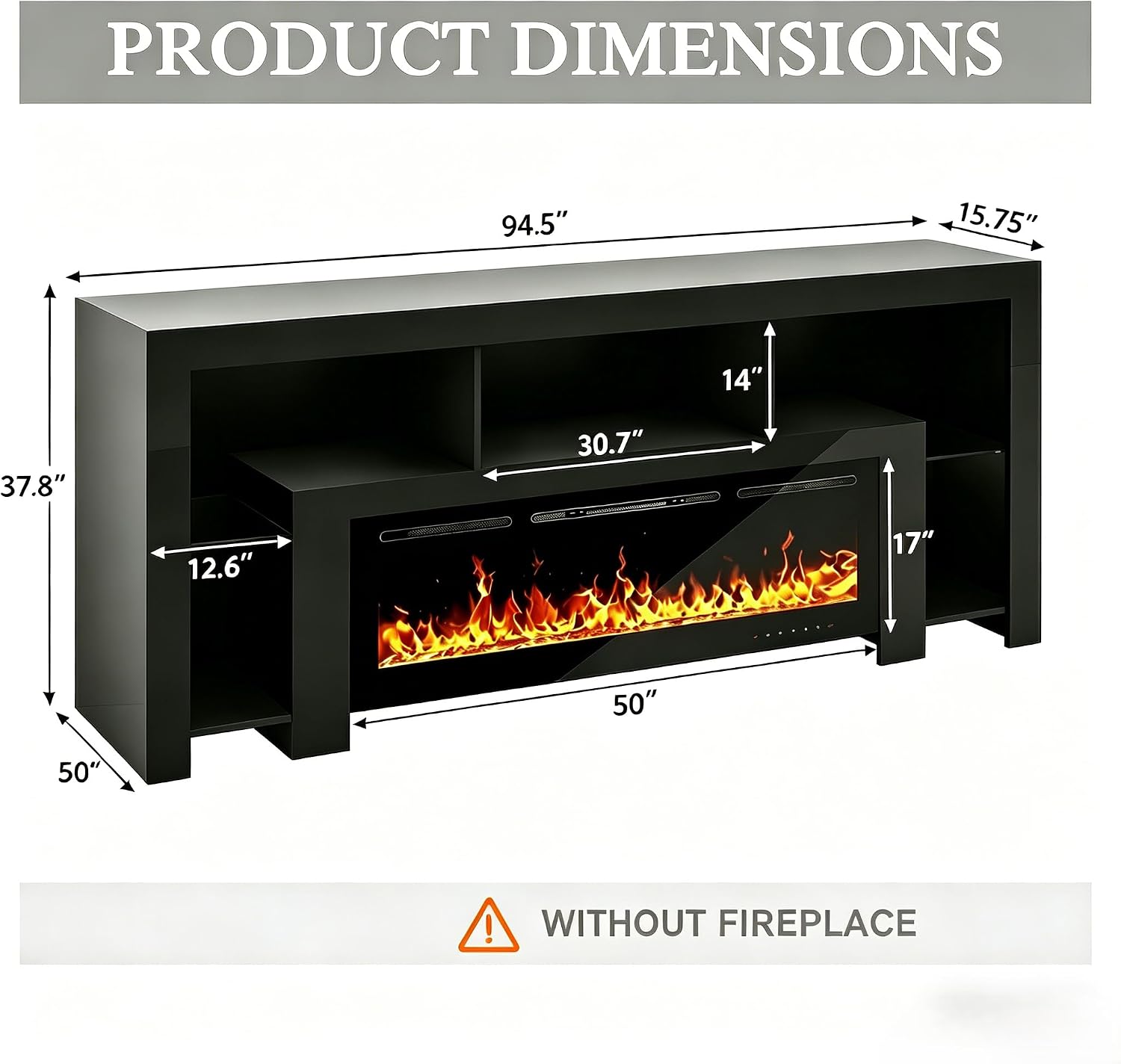 94.5' Fireplace TV Stand for TVs Up to 100', Gaming LED Entertainment Center, Modern High Gloss Media Console for Living Room, Glass Shelves & Open Storage, Black（no Fireplace）