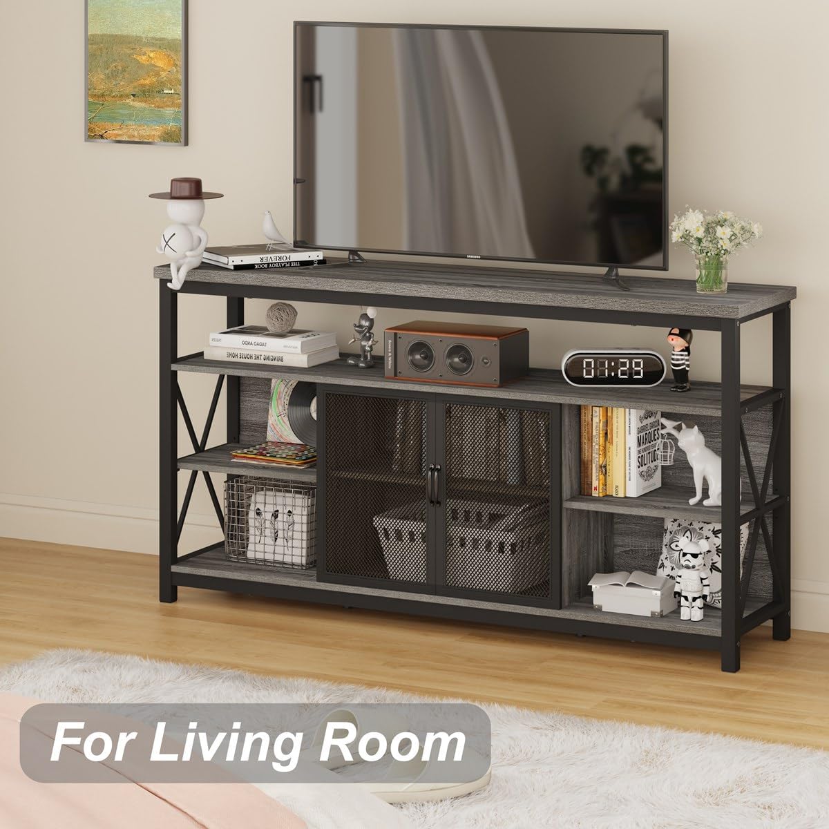 BON AUGURE Tall TV Stand for TVs up to 65 Inch, Industrial Entertainment Center with Storage Cabinet, Rustic Wood Media Console Table for Living Room and Bedroom (32 Inch High, Grey Oak)