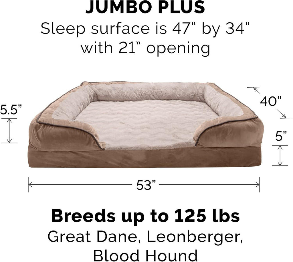 Furhaven Memory Foam Dog Bed for Large Dogs w/ Removable Bolsters & Washable Cover, For Dogs Up to 125 lbs - Plush & Velvet Waves Perfect Comfort Sofa - Brownstone, Jumbo Plus/XXL