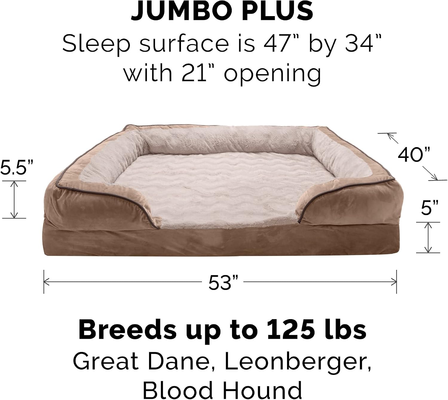 Furhaven Memory Foam Dog Bed for Large Dogs w/ Removable Bolsters & Washable Cover, For Dogs Up to 125 lbs - Plush & Velvet Waves Perfect Comfort Sofa - Brownstone, Jumbo Plus/XXL