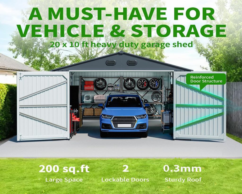 20 x 10 FT Outdoor Storage Shed, Large Metal Garden Shed with 2 Lockable Doors, Tool Shed Outdoor Storage with 4 Air Vents, Garage Shed Waterproof for Car, Truck, Bike, Garbage Can, Tool, Dark Gray