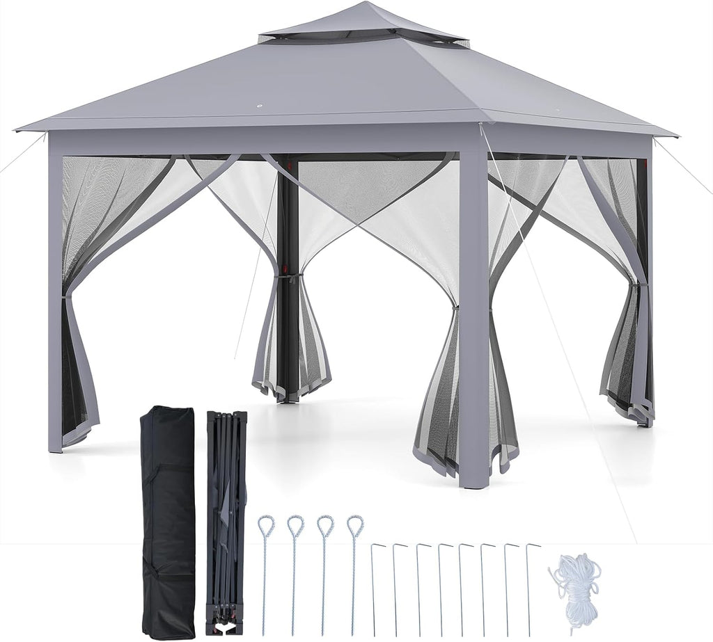 Goplus11 ft × 11 ft Pop up Gazebo, Portable Screen Canopy Shelter w/Mesh Netting Sidewalls, Vented Top, Drainage Holes, Heavy-Duty Height Adjustable Easy Setup Party Tent for Backyard