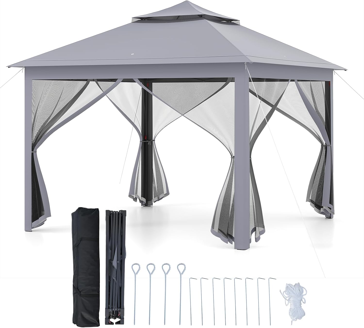 Goplus11 ft × 11 ft Pop up Gazebo, Portable Screen Canopy Shelter w/Mesh Netting Sidewalls, Vented Top, Drainage Holes, Heavy-Duty Height Adjustable Easy Setup Party Tent for Backyard