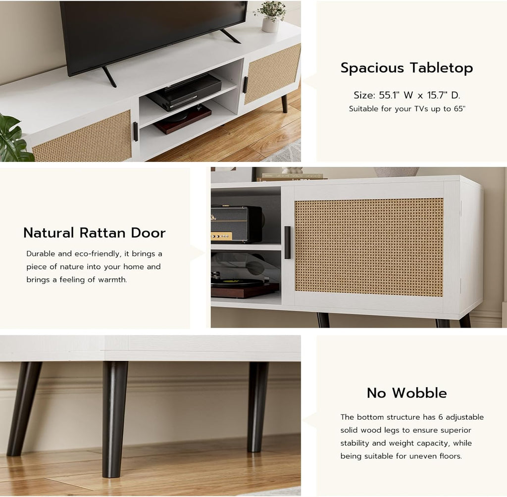ZttRiee TV Stand for TVs up to 65'', Mid Century Modern Entertainment Center with Rattan Door, Shelves & 2 Cabinets, Boho Media TV Console for Living Room, Bedroom, White