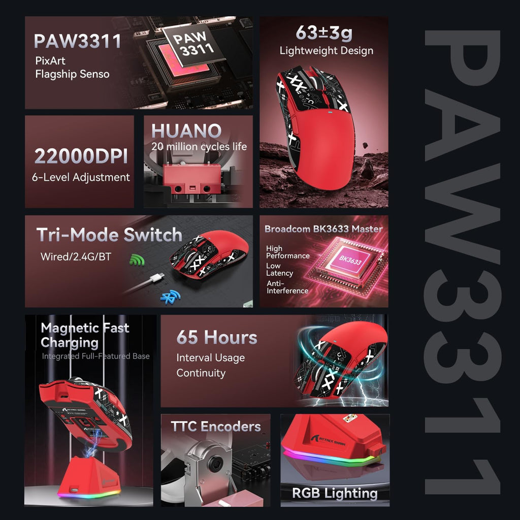 ATTACK SHARK X11 & X65 PRO HE Rapid Trigger Hall Effect Keyboard,60% Magnetic Keyboard 8K Polling Rate RGB Hot Swap,Wireless Gaming Mice with Charging Dock 22K DPI,BT/2.4Ghz/Wired,Coiled Cable-Red