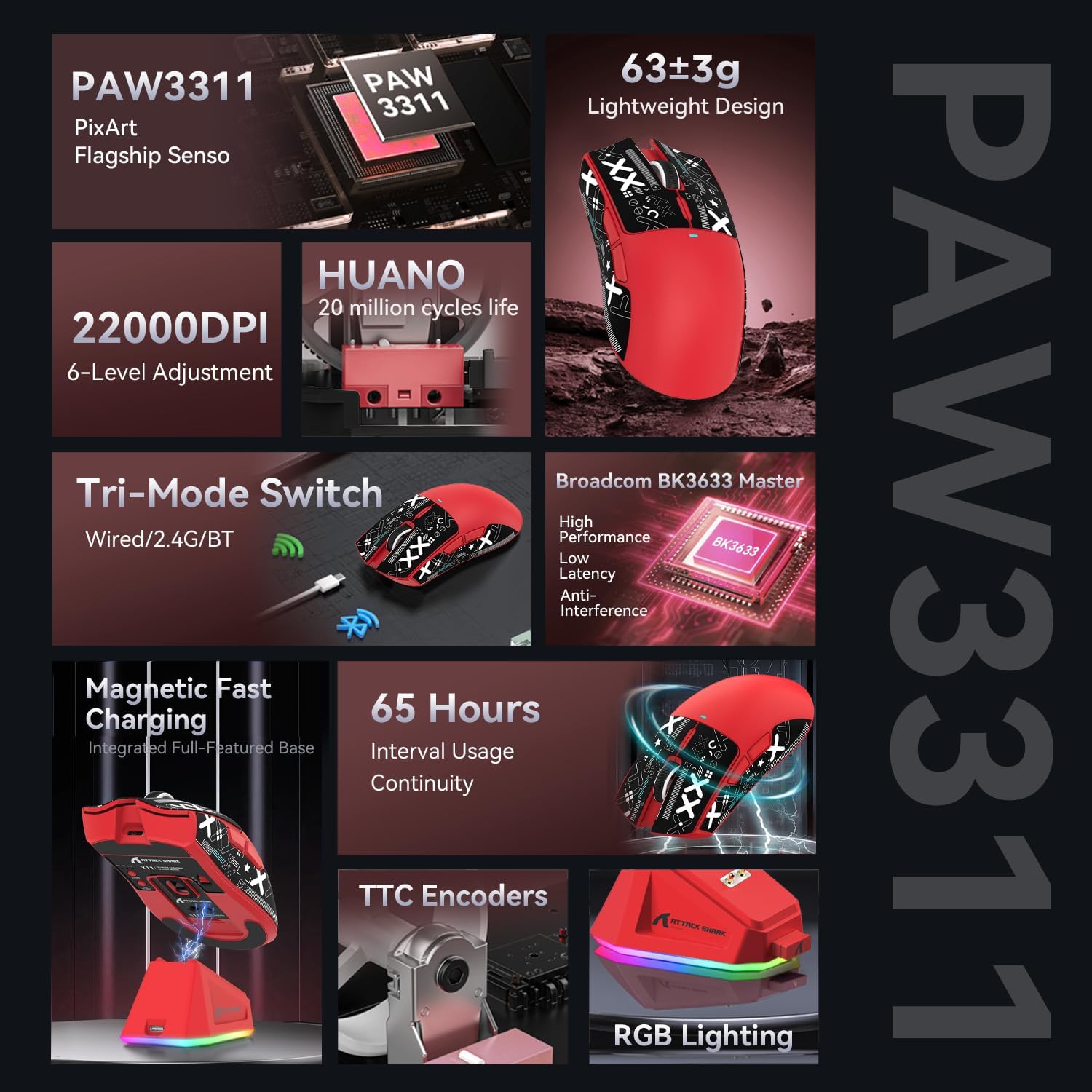 ATTACK SHARK X11 & X65 PRO HE Rapid Trigger Hall Effect Keyboard,60% Magnetic Keyboard 8K Polling Rate RGB Hot Swap,Wireless Gaming Mice with Charging Dock 22K DPI,BT/2.4Ghz/Wired,Coiled Cable-Red