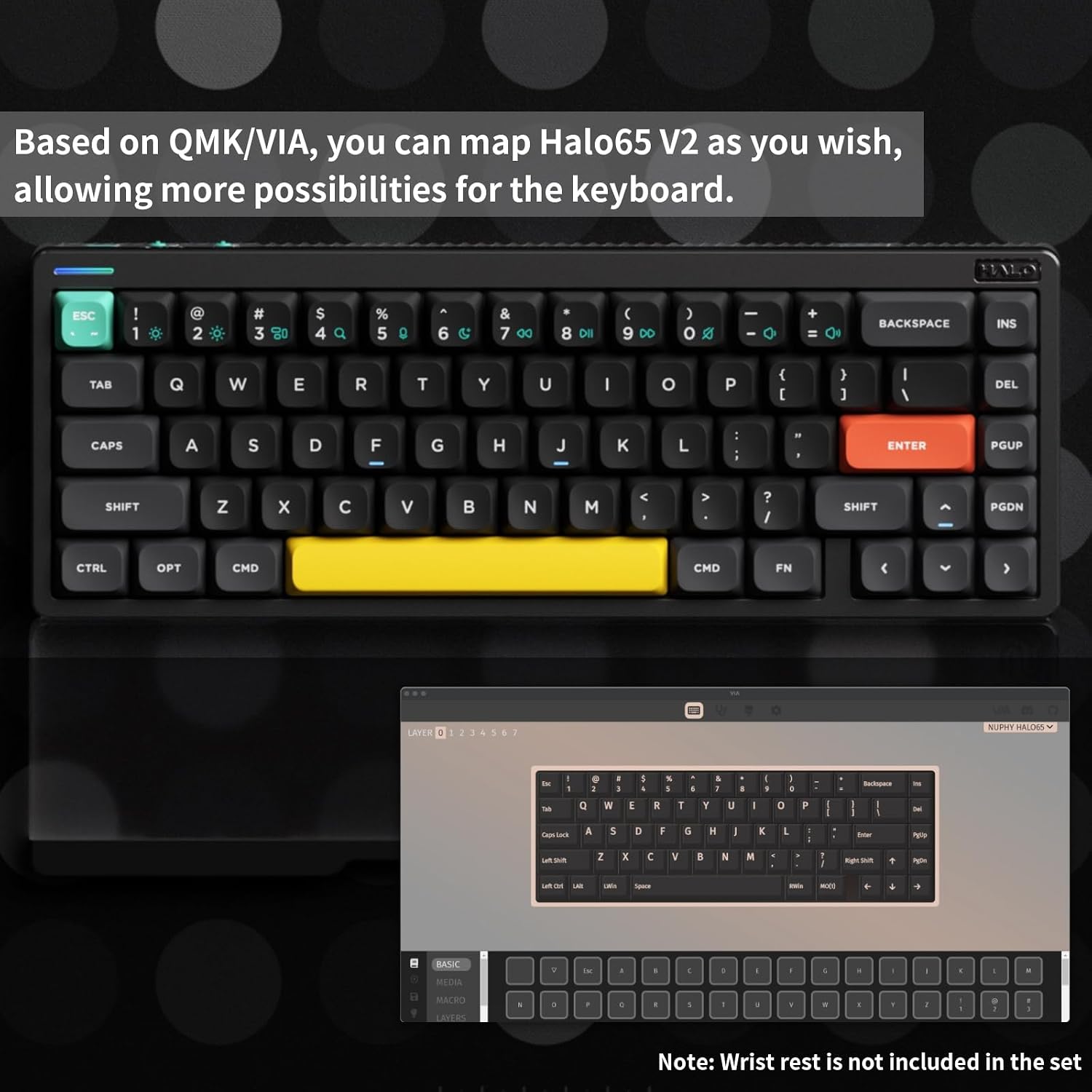 nuphy Halo65 V2 Wireless Mechanical Keyboard with PBT Keycaps, 65% Hot Swappable Custom Gaming Keyboard Compatible with QMK/VIA, RGB Backlit,Gasket Structure,BT5.0/USB-C/2.4GHz,Black-Lemon Switches