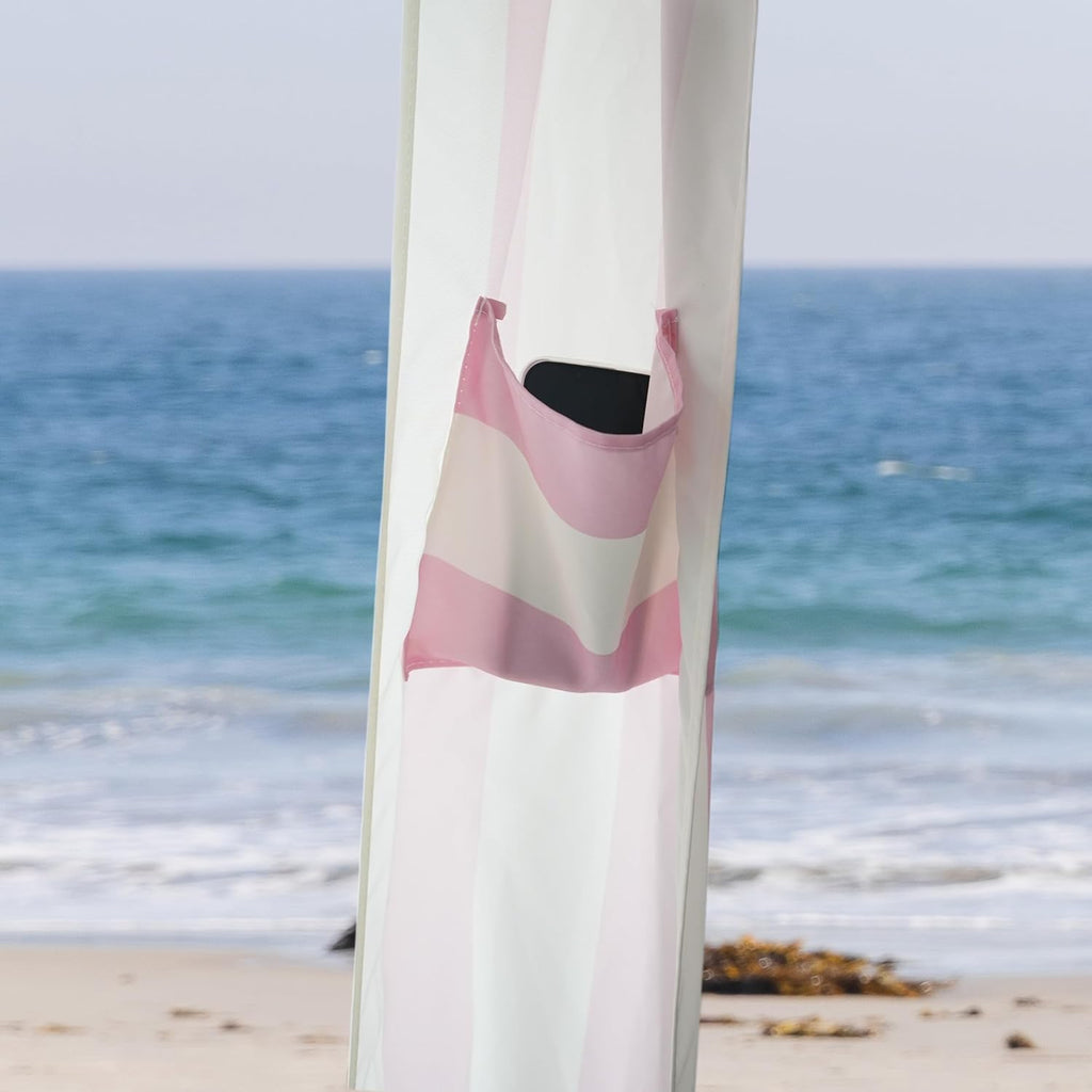 AMMSUN Beach Cabana with Beach Blanket, 7' x 7' Boho Canopy with Tassels, Premium Wood Pole, Fringe Cabana Tent with Sand Pockets, Instant Sun Shade for Sand, Garden, Outdoor, Rose Pink Stripes