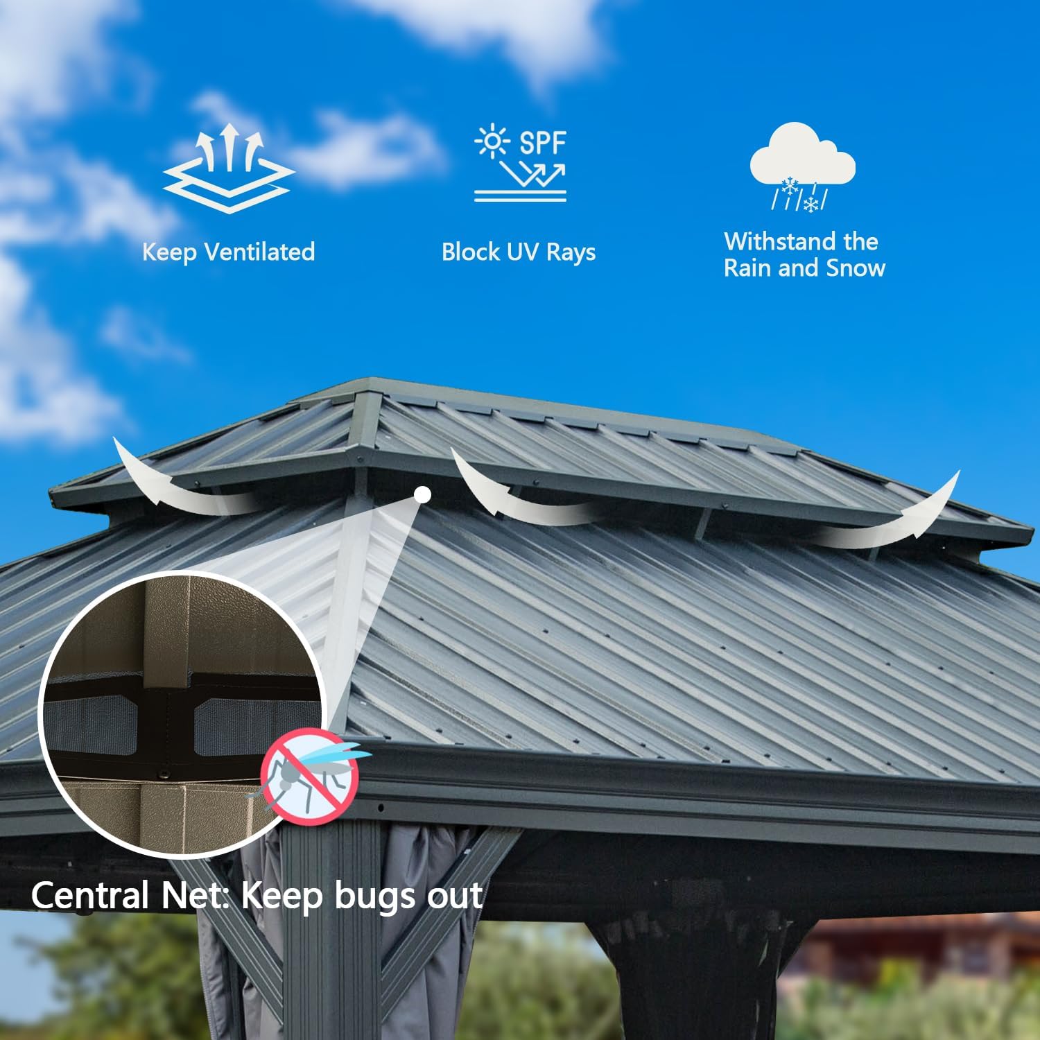 Domi Hardtop Gazebo 12x14FT, Outdoor Gazebo with Galvanized Steel Double Roof, Aluminum Frame, Built-in Gutter System, Curtain and Netting, Metal Gazebo Pavilion for Patio Deck Garden, Grey