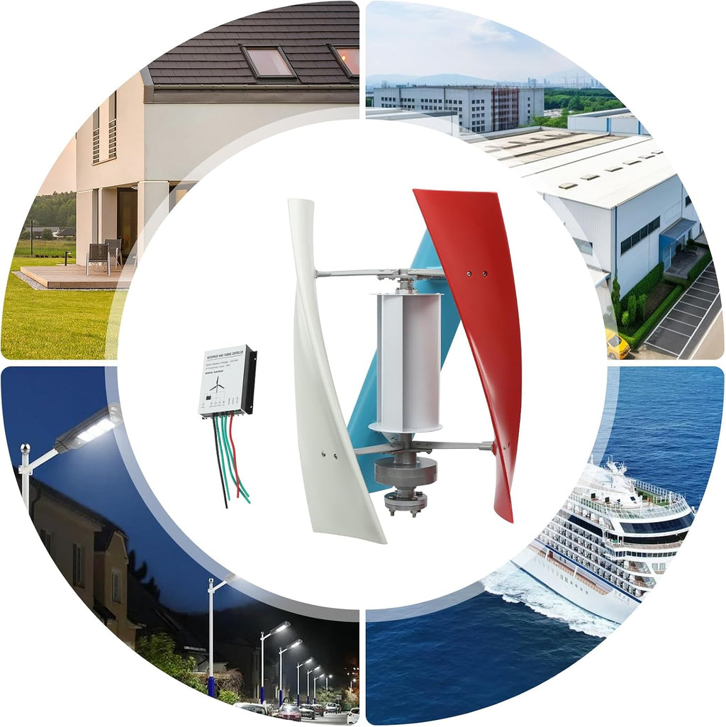 100W Vertical Axis Wind Turbine Generator, Permanent Magnet Generator with Intelligent Controller, Low Noise Helical Design Windmill for Home, Boats, Street Lighting (12V,100W, Blue+White+Red)