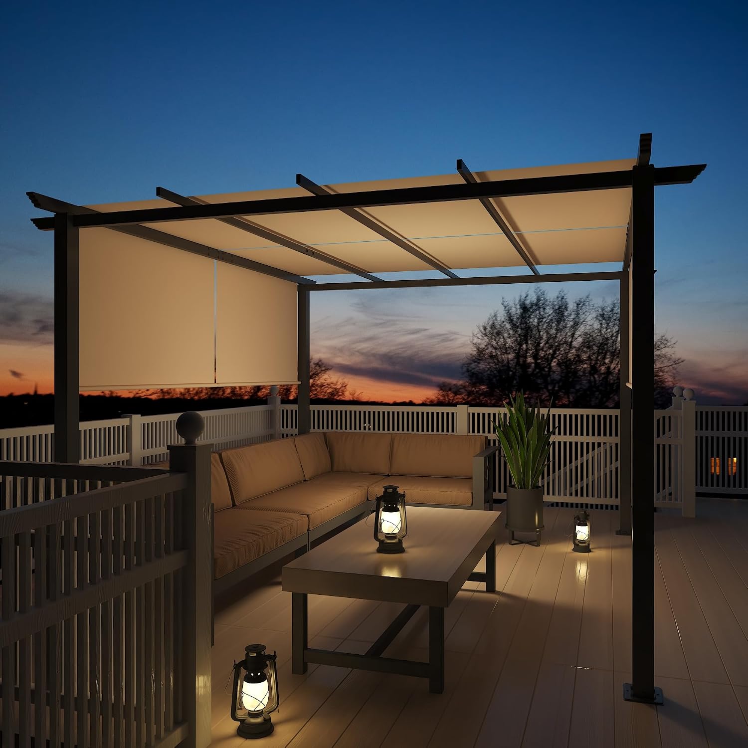 10' X 10' Outdoor Modern Steel Pergola with Retractable Canopy, Beige