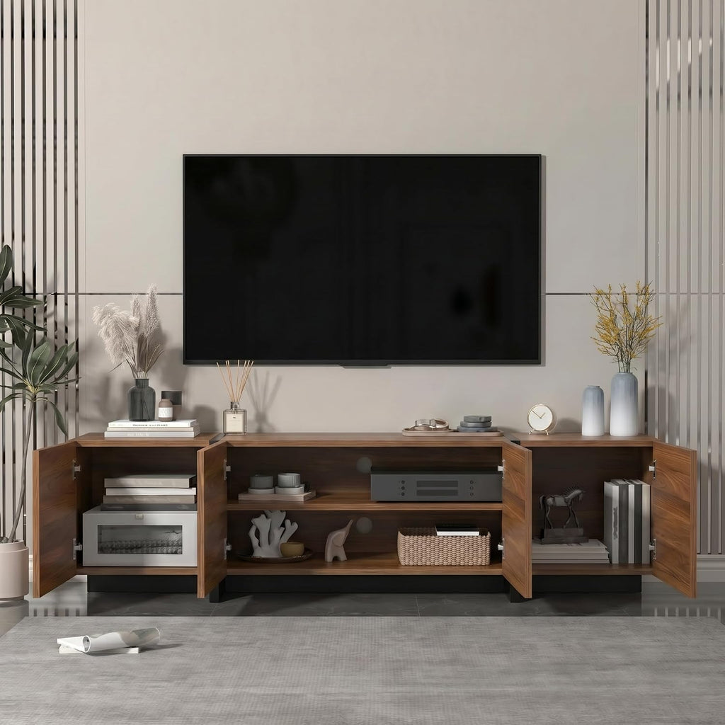 holzart 67 Inch TV Stand for TVs up to 70 Inch, Mid Century Modern Wood Media Console with 4 Storage Doors, Entertainment Center TV Cabinet Sideboard for Living Room Bedroom, Walnut Brown