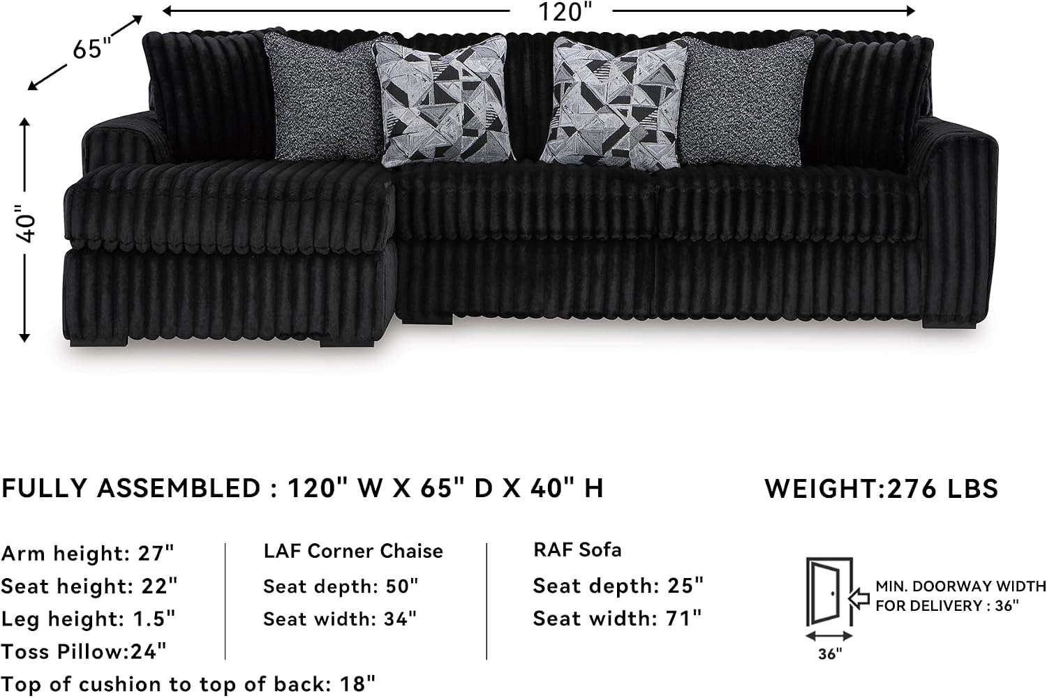Signature Design by Ashley Midnight-Madness 2-Piece Sectional Sofa with Chaise, Faux Wood Finish Accent Legs, Fabric Upholstery, 120' W x 65' D x 40' H, Black