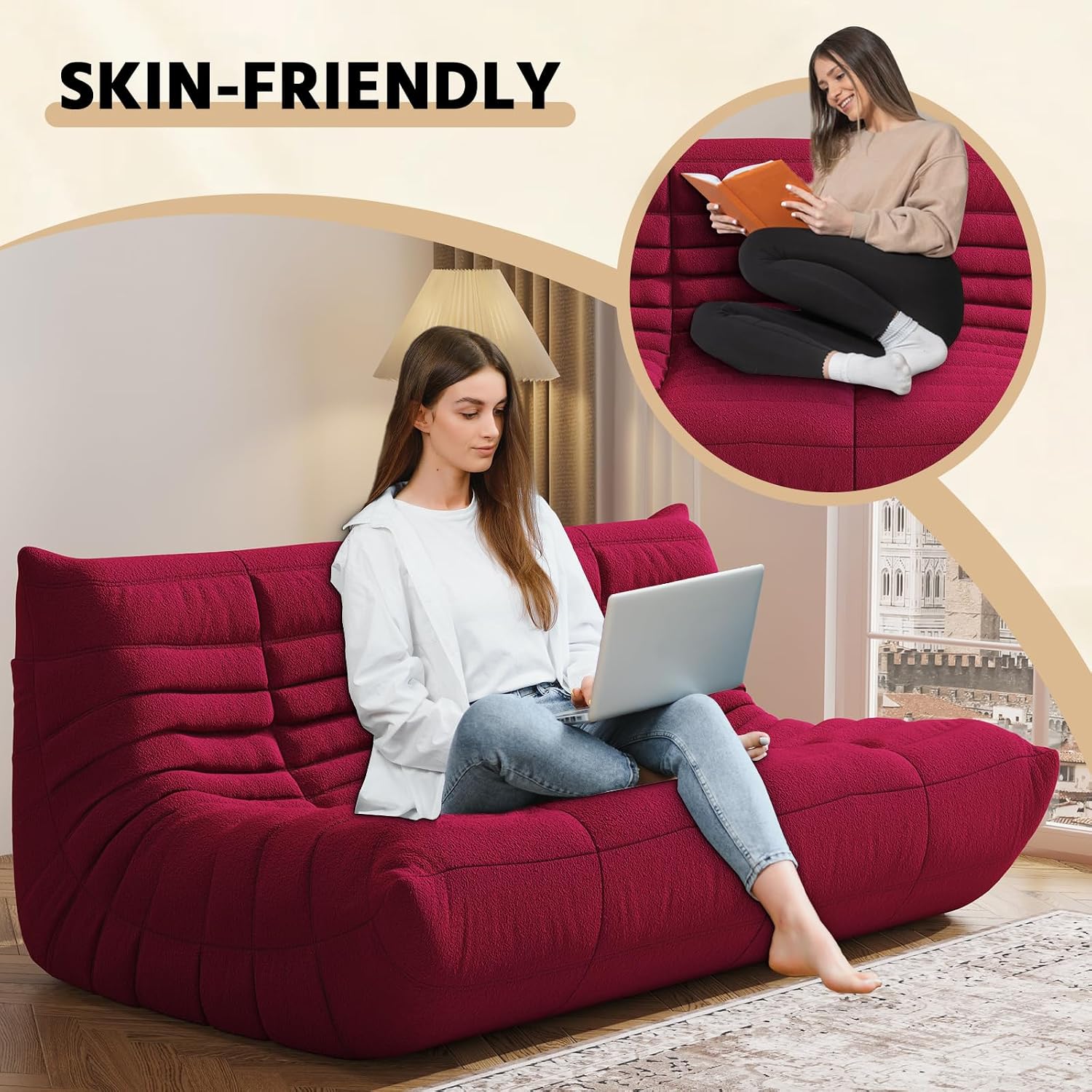 3-Seater Giant Loveseat Boneless Bean Bag Chair for Adults - Teddy Fleece Fireside Accent Chair with Memory Foam, Comfy Lazy Floor Sofa Couch Chaise Lounge for Living Room Bedroom Theater