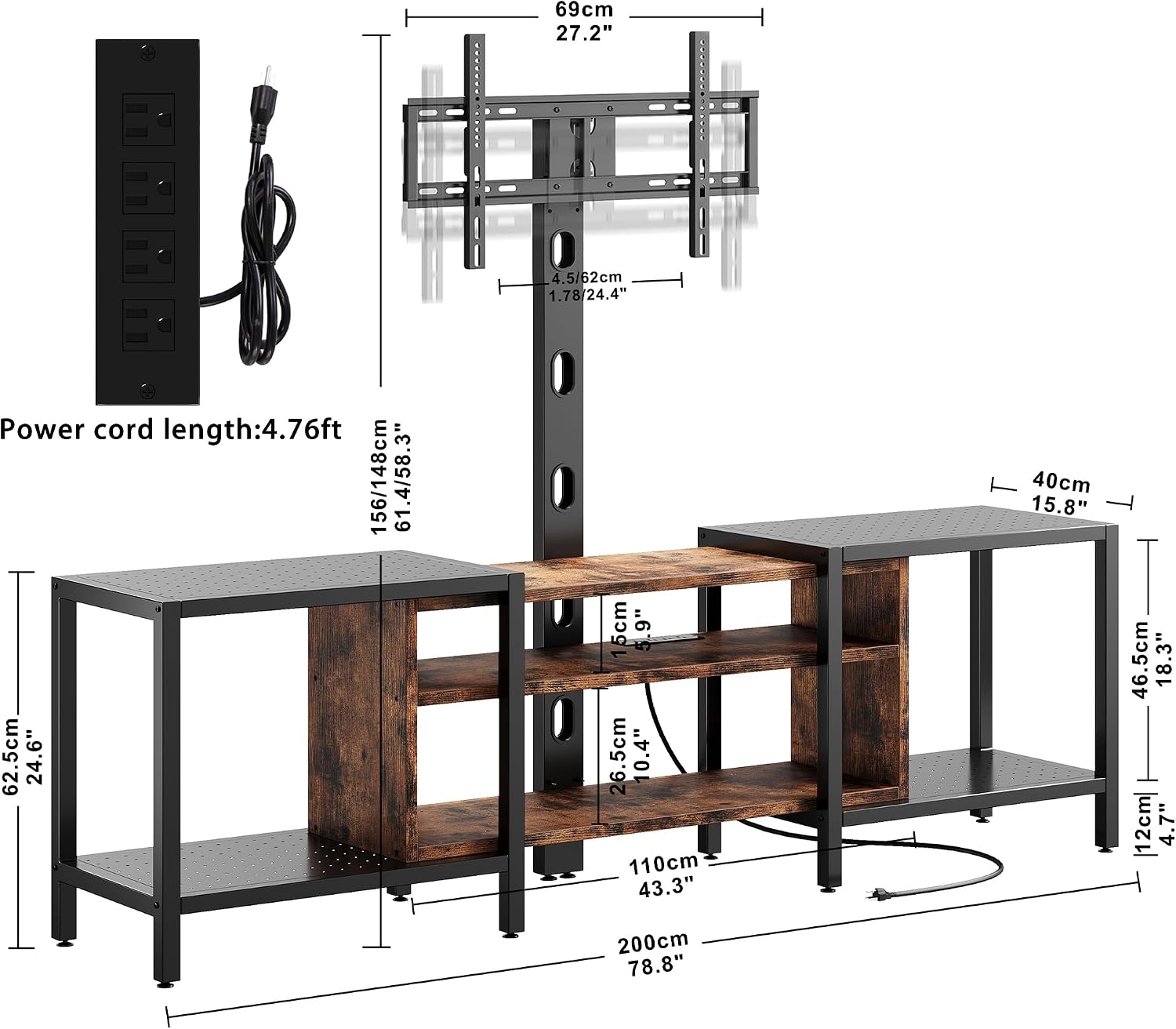 IRONCK 79 Inch TV Stand for TVs up to 85 Inch with Mount and Power Outlet, 3 Tiers TV Console with Storage Shelves, Entertainment Center, Steel Frame, for Living Room, Bedroom, Vintage Brown