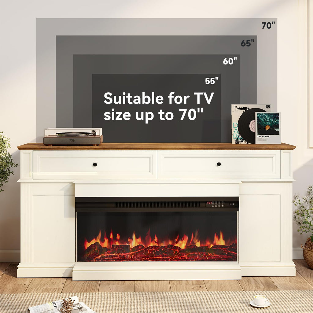 63' Farmhouse TV Stand with Fireplace for TVs up to 70', Media Entertainment Center with Adjustable Shelves, Farmhouse TV Console for Living Room, White & Black