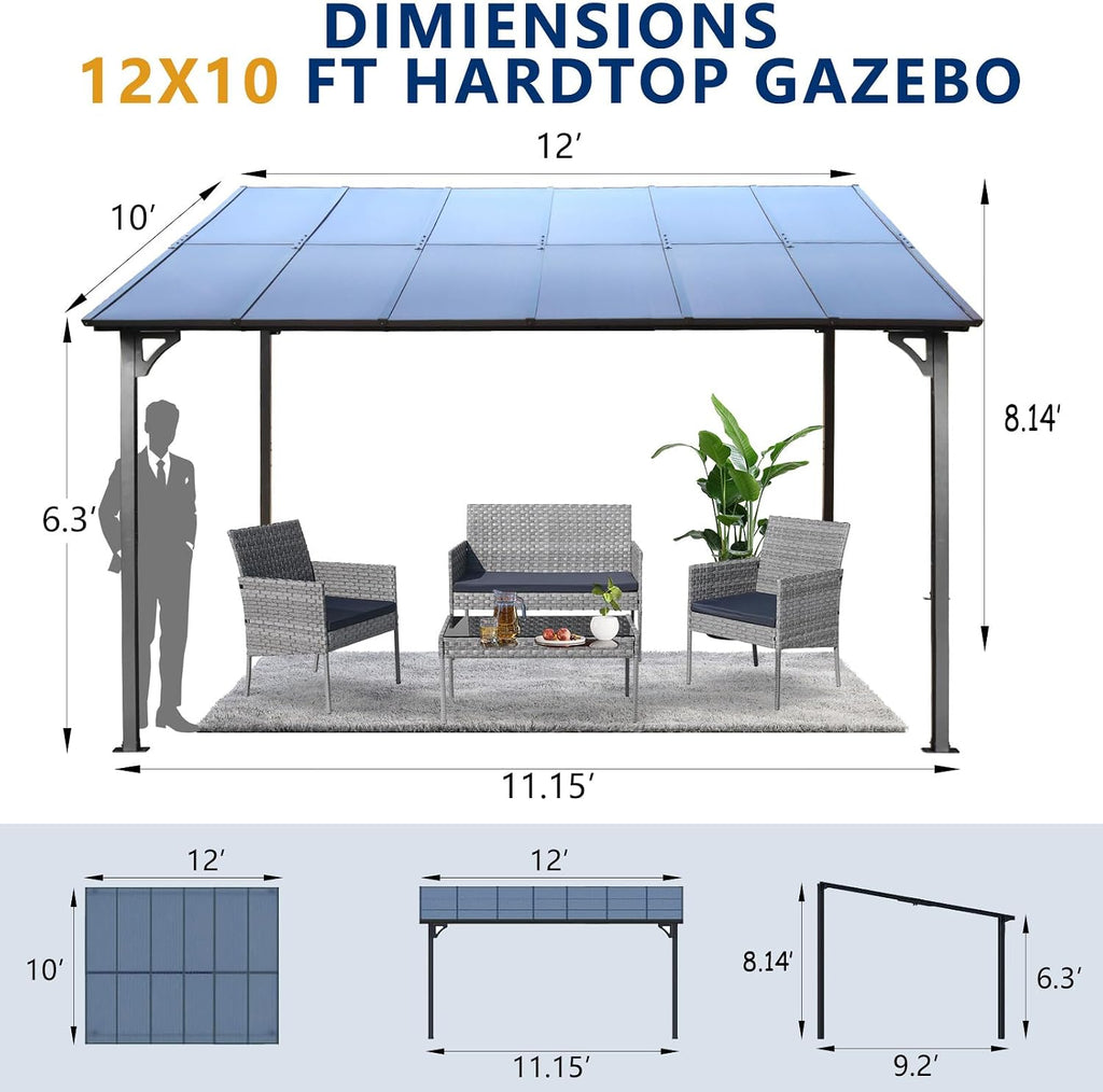 Wall Gazebo12' x 10', Hard Top Gazebos Pergola on Clearance, Outdoor Patio Lean to Gazebo Canopy Awnings for Deck, Porch, Backyard and More
