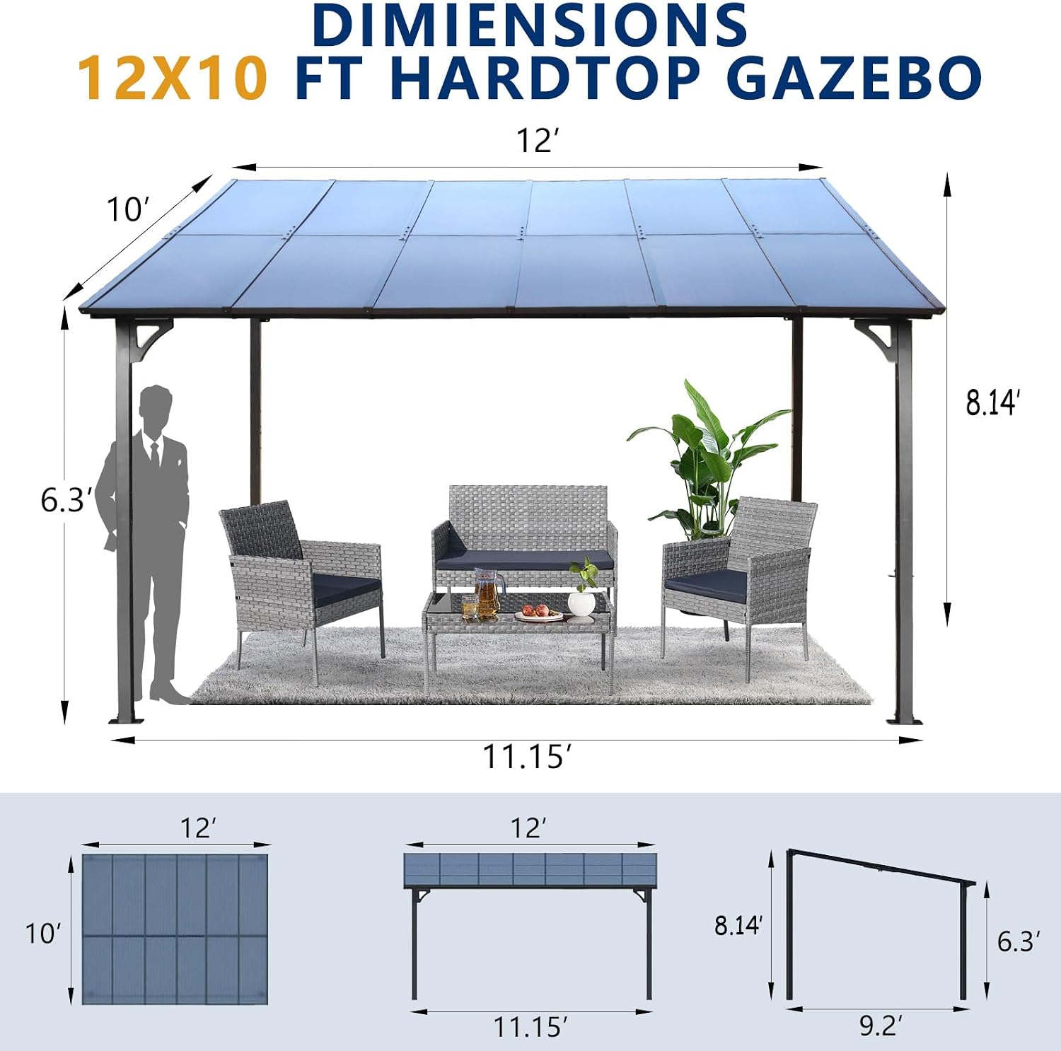 Wall Gazebo12' x 10', Hard Top Gazebos Pergola on Clearance, Outdoor Patio Lean to Gazebo Canopy Awnings for Deck, Porch, Backyard and More