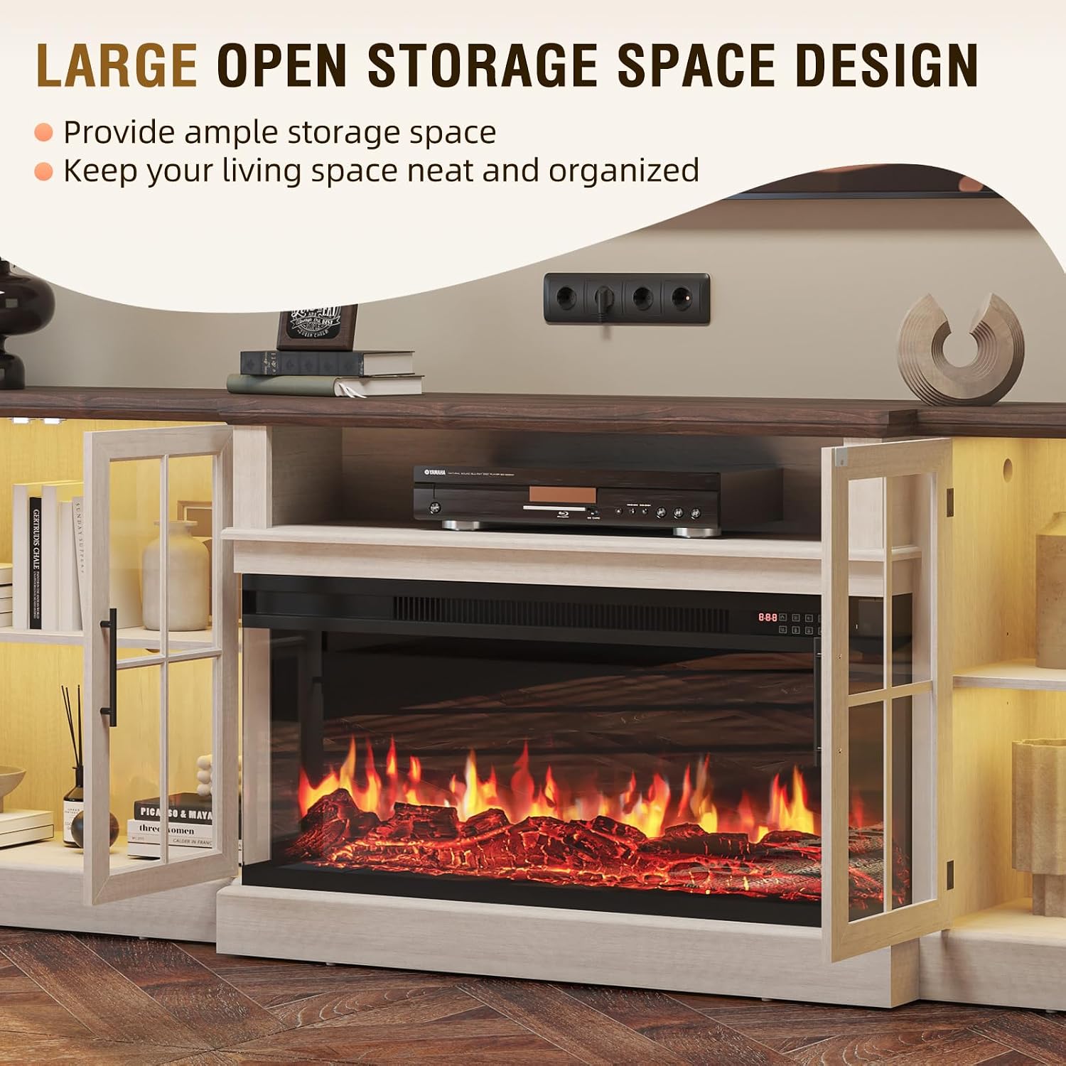 98' Farmhouse TV Stand with 36' Fireplace for TVs up to 100', Media Entertainment Center with Adjustable Shelves and Large Storage Cabinets, for Living Room, White & Black