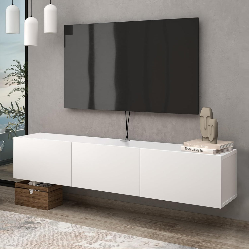 Atelier Mobili White Floating TV Console, Wall Mounted TV Stand for Up to 75 Inch TV, Floating Entertainment Center with Shelf