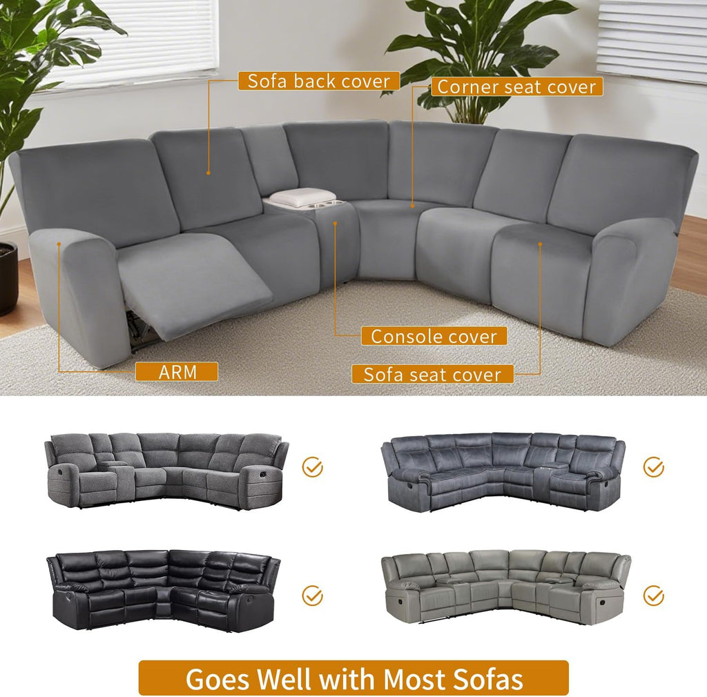 HDCAXKJ Reclining Sectional Couch Covers Velvet L Shaped Sectional Sofa Cover Washable Stretch Soft Corner Recliner Slipcover with Non-Slip Elastic Bottom (5 Seat Recliner Couch, Dark Gray)