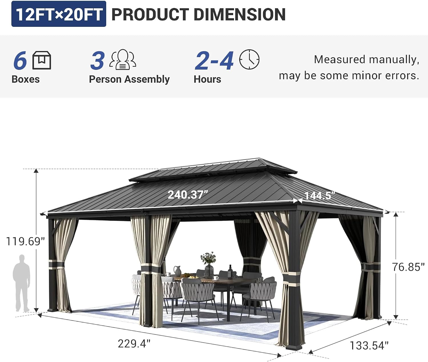 Amopatio 12' X 20' Hardtop Gazebo, Aluminum Gazebo with Double Galvanized Steel Roof, Curtains and Netting Included,Outdoor Metal Pergola for Patios, Garden, Parties, Lawns（Beige
