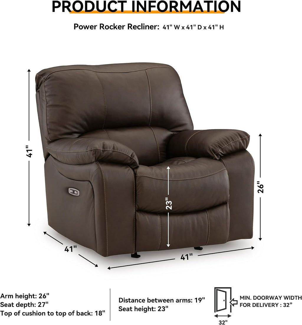 Signature Design by Ashley Leesworth Contemporary Leather Match Power Rocker Recliner with USB Ports, Dark Brown