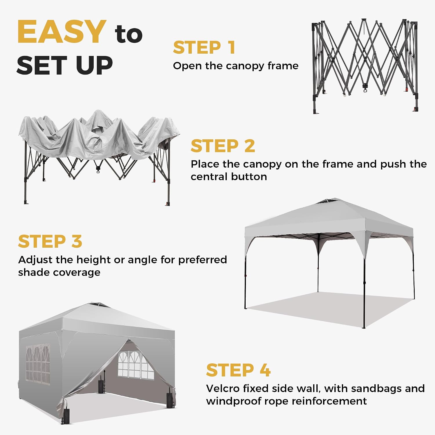 GDY 12x12FT Pop Up Canopy Tent with One Push Setup, Easy to Install with 4-Sidewalls for Events, Parties, Camping, Outdoor Gazebo with 4-Sandbags and Wheel Bag, White.
