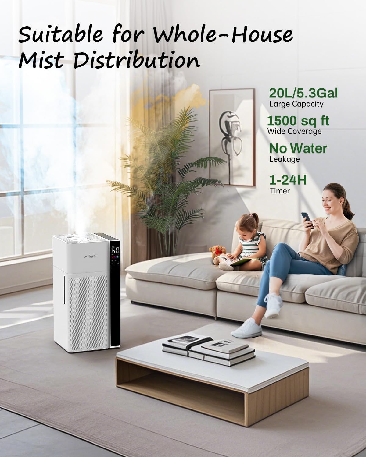 Mifasol Humidifier Large Room, 5.3Gal/20L Large Humidifiers for Home 1500 sq ft, Cool Mist Humidifiers for Bedroom, Whole House Humidifiers for Large Room Plants Office, White