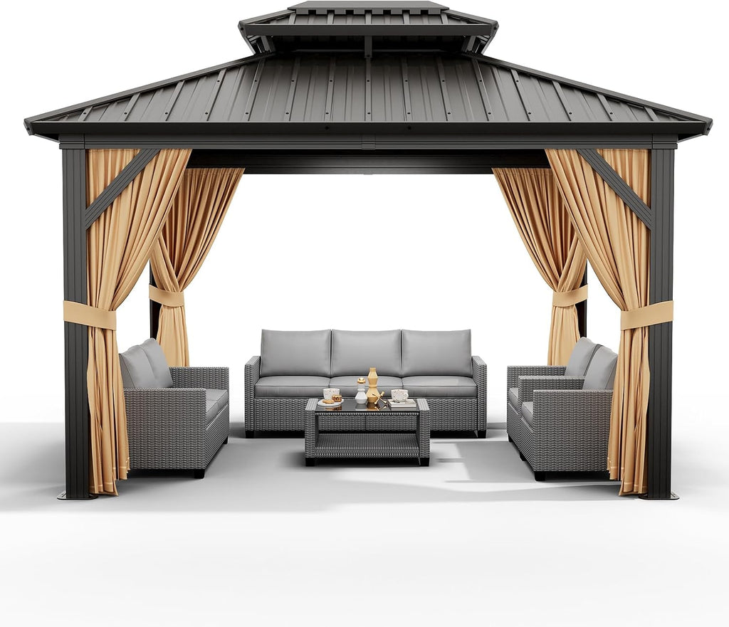 10x12ft Hardtop Gazebo, Aluminum Permanent Gazebo Double Roof Canopy with Netting and Curtains Outdoor Gazebos Galvanized Iron Aluminum Frame Garden Tent for Patio, Backyard, Deck, Lawns