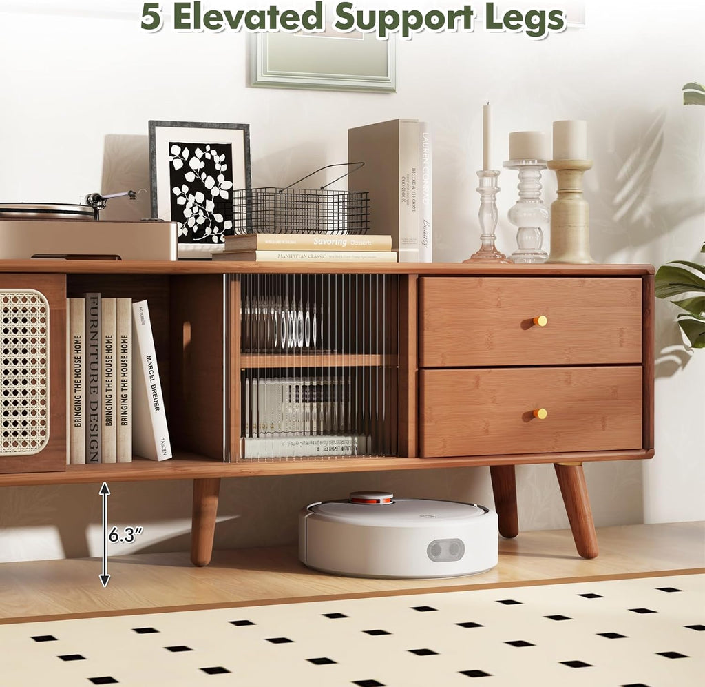 Tangkula Mid Century Modern TV Stand for TVs up to 65', Bamboo Entertainment Center w/Glass & PE Rattan Sliding Doors, 2 Drawers, Adjustable Shelf, Wood Legs, Media Console (Bamboo 2-Walnut)