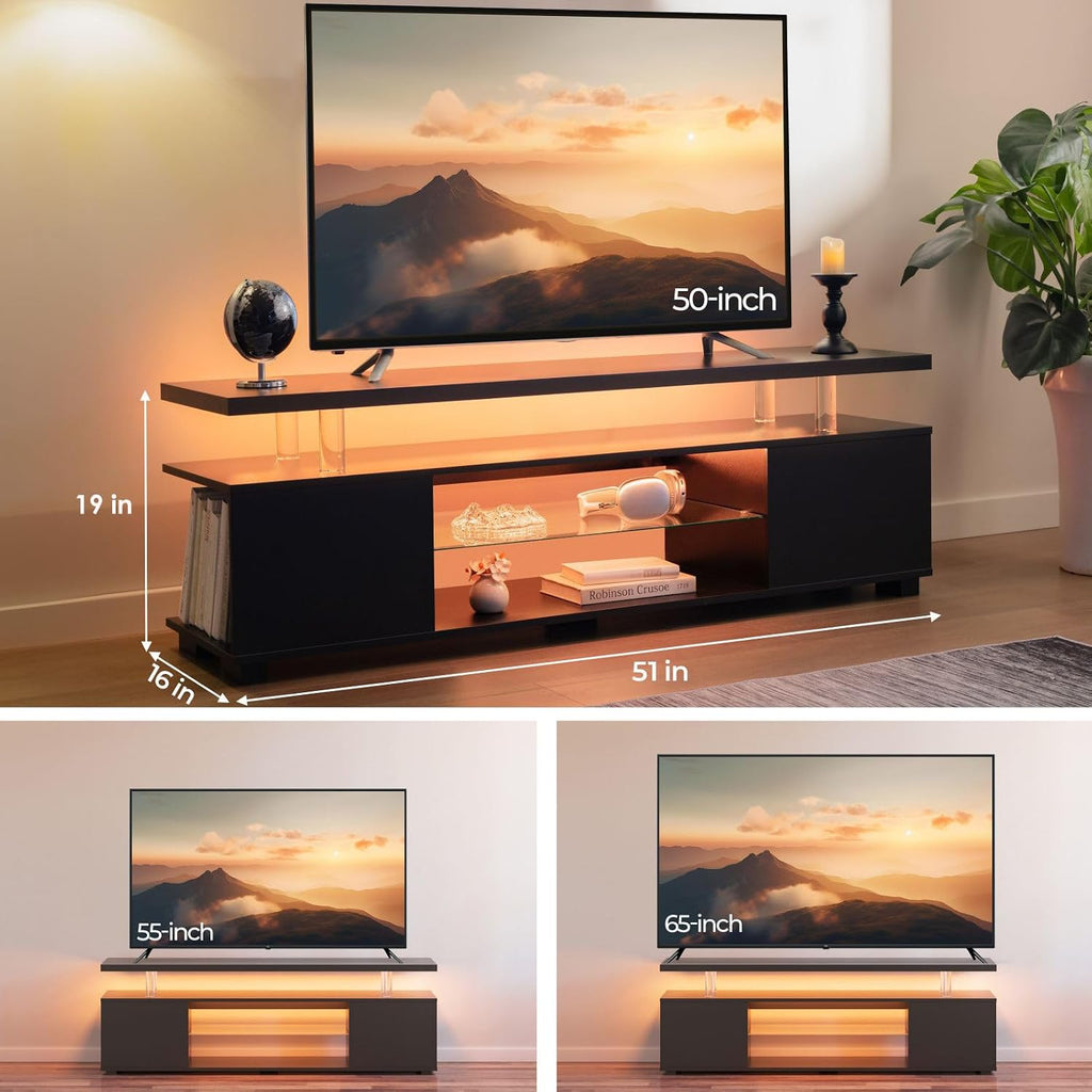 Cubehom Black TV Stand 65 inch,LED TV Stand for Living Room,Glass Entertainment Center TV Stand, TV Console Tables for Living Room,Bedroom,Home Office