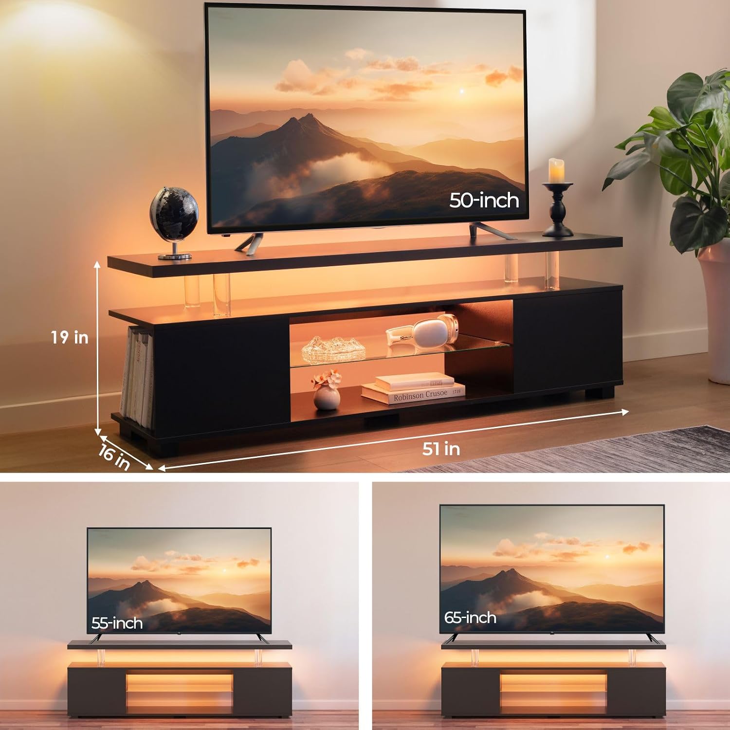 Cubehom Black TV Stand 65 inch,LED TV Stand for Living Room,Glass Entertainment Center TV Stand, TV Console Tables for Living Room,Bedroom,Home Office