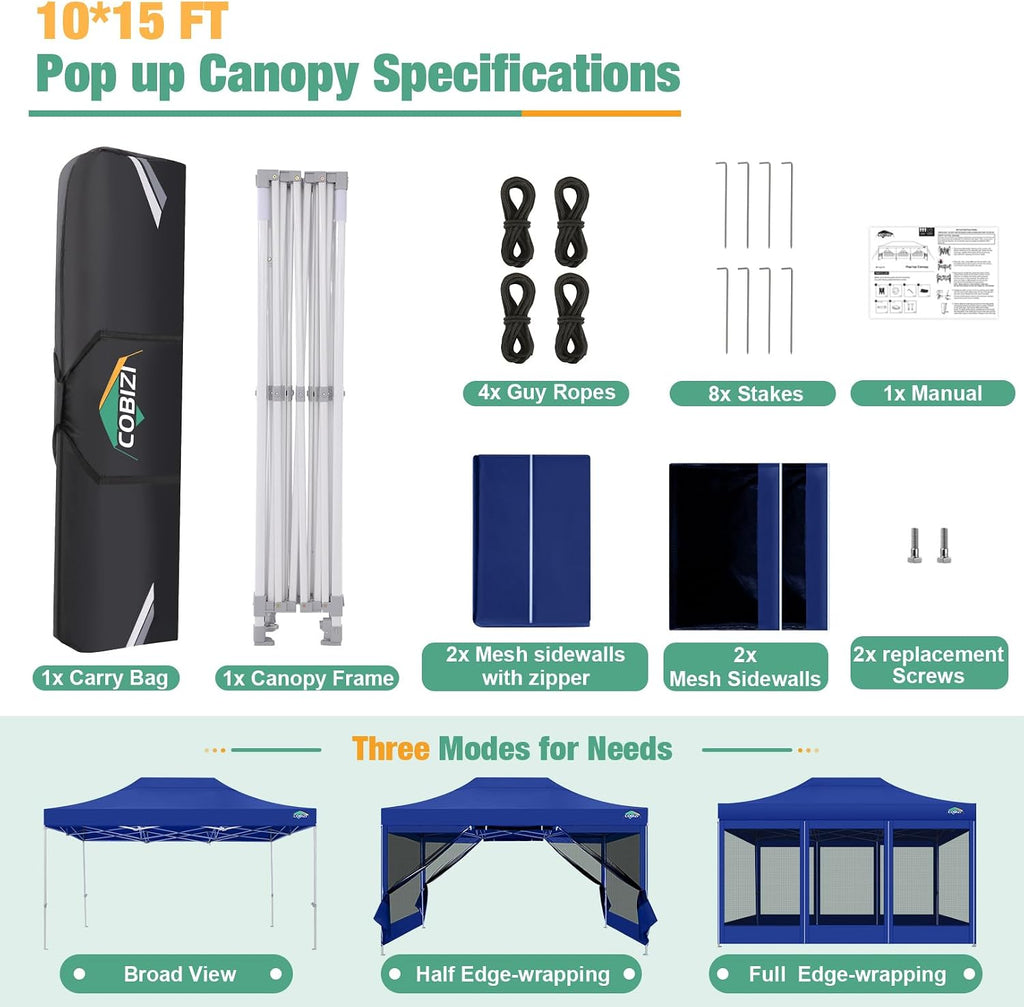 COBIZI 10x15 Canopy Tent, Heavy Duty Pop up Canopy with Sidewalls, Waterproof Easy Setup Canopy with Mosquito Netting, Outdoor Instant Screen Tents for Parties, Backyard with Carry Bag, Dark Blue